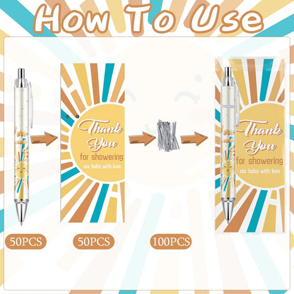 Lebsitey 50 Sets Pen Baby Shower Favors Gifts for Guests Includes 50 Rolling Paper Ballpoint Pens and 50 Greeting Thank You Bookmarks Baby Shower Party Favors (Safari)