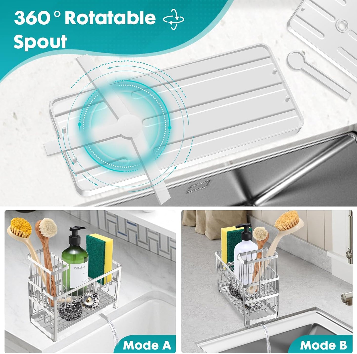 Sinnsally Kitchen Sponge Holder,2 Tier Sink Caddy Organizer with High Brush Holder,Stainless Steel Sink Box Dish Scrubber Holder,Soap Tray for Kitchen Counter Accessories & Storage Rack (Black)