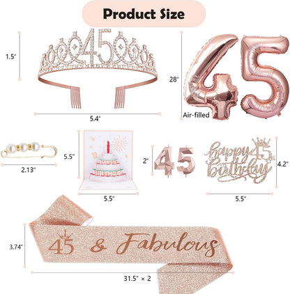 8pcs 40th Birthday Decorations gifts for Women, Including 40th Happy Birthday Cake Topper, Queen Sash with Pearl Pin, Sweet Rhinestone Tiara Crown for Women, Number Candles and Balloons (Rose Gold)