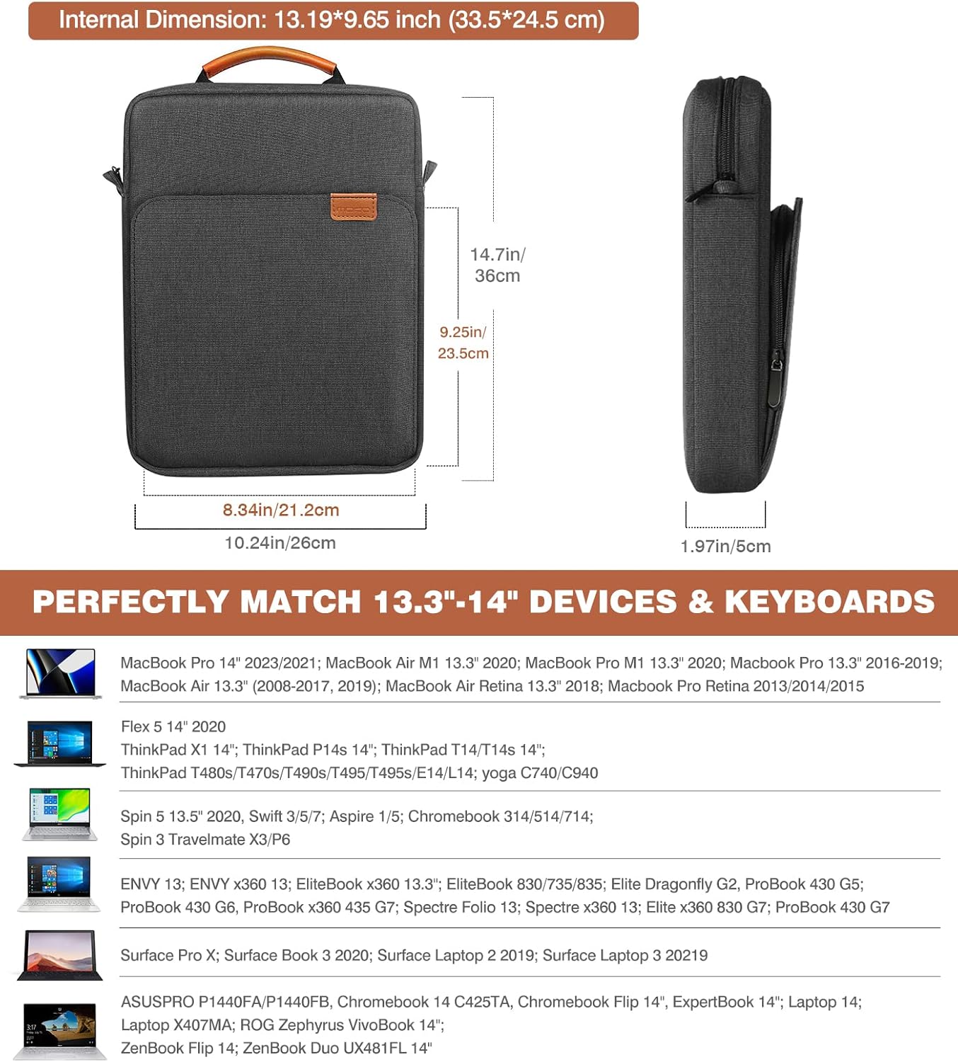 MoKo 13.3-14 Inch Laptop Sleeve Bag Fits MacBook Pro M3/M2 14" 2023, MacBook Pro 13" M2, New MacBook Air 13.6" M3/M2 2024/2022,Tab S8 Ultra 14.6",Handle Carrying Case with Shoulder Strap, Black & Gray - PuriLite