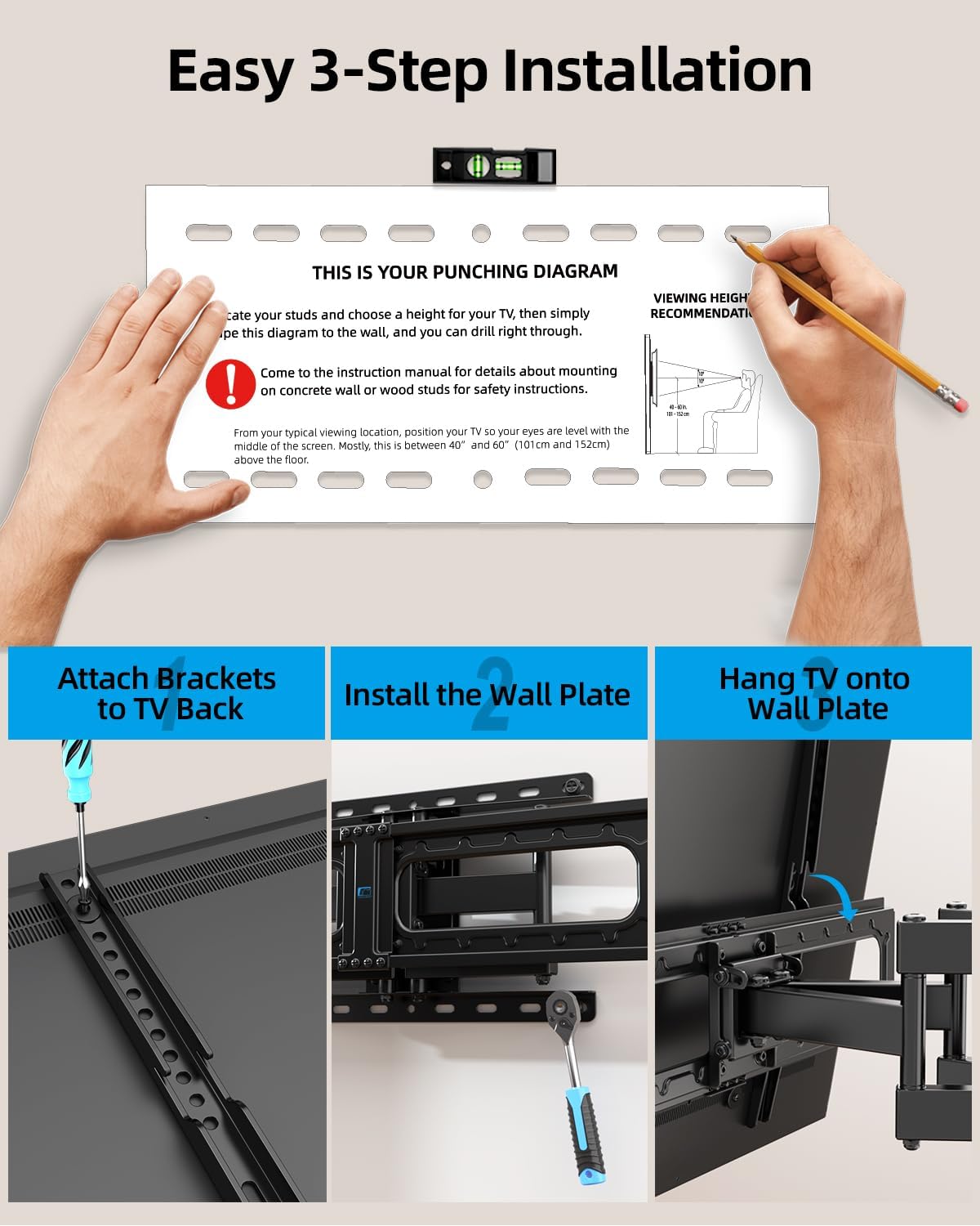 HOME VISION Full Motion TV Wall Mount for Most 32-85 inch TVs up to132 lbs, TV Mount Swivel and Tilt with Dual Articulating Arms, Wall Mount TV Bracket Max VESA 600x400mm, Fits 8" 12" 16" Wood Studs