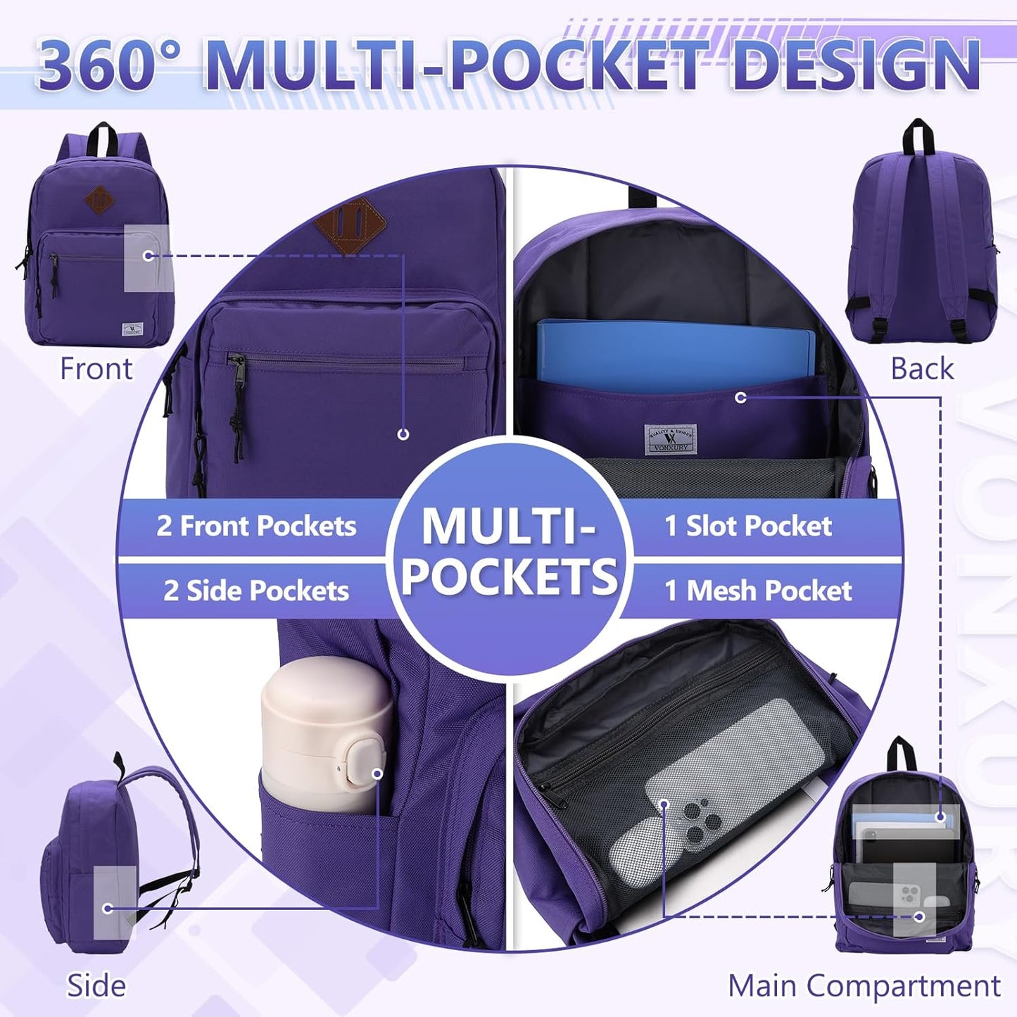 School Backpack for Kids,Lightweight Water Resistant Work Travel Backpack for Women Men Teens VONXURY