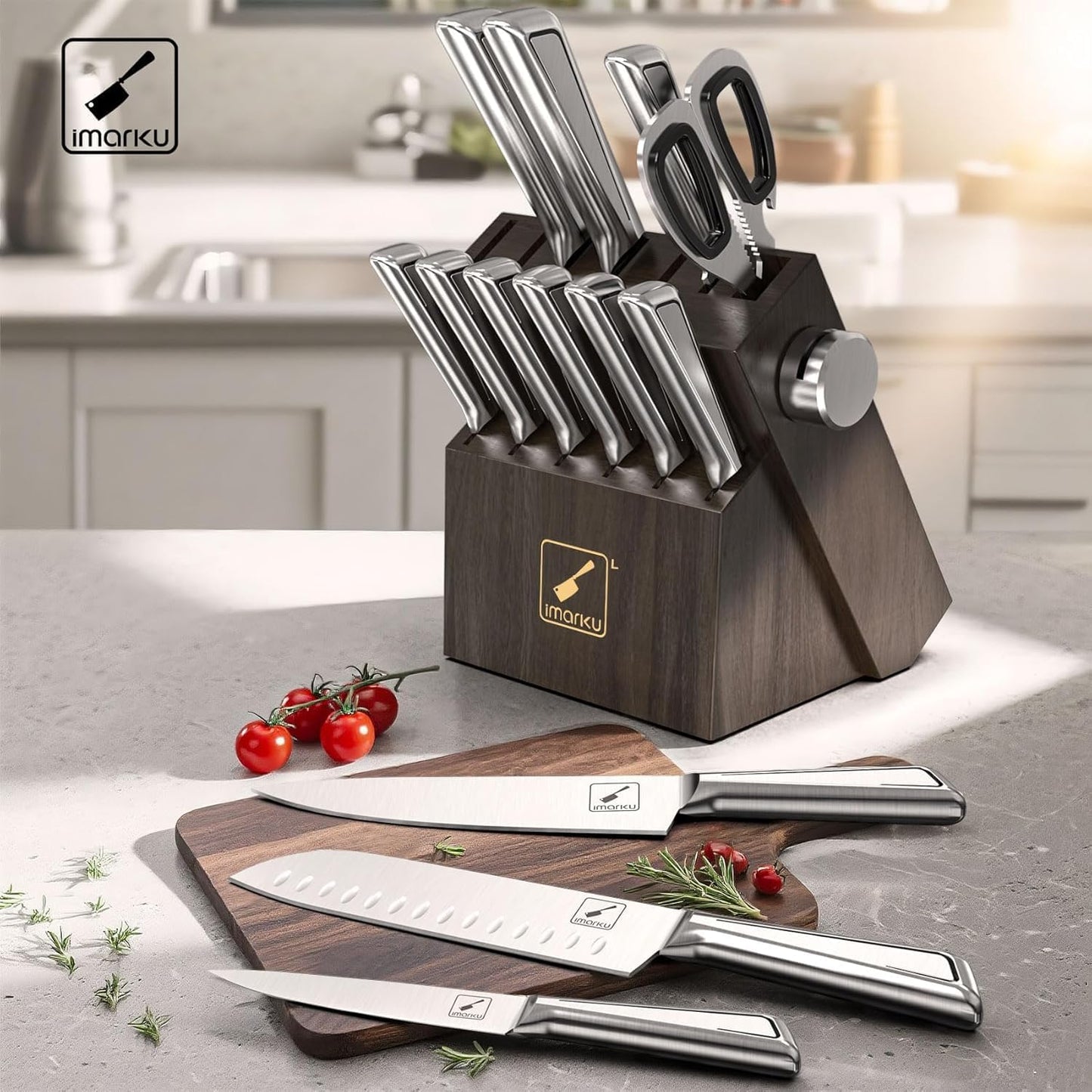 Knife Sets for Kitchen with Block imarku Japanese Knife Set Stainless Steel Kitchen with Block 14pcs, Built-in Sharpener, Sharp Knife Block Set with Non-Slip Ergonomic Handles - Dishwasher Safe