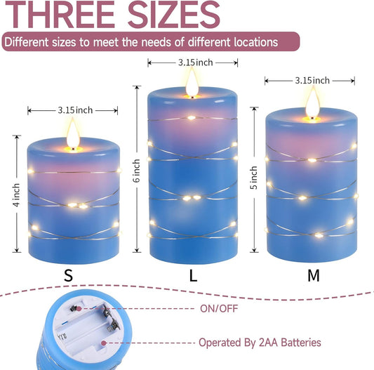 Flameless Candles 360 Degree Viewing Angle, with Starry String Lights, 3-Pack Fairy String Lights LED Candles, with 10-Key Remote Control, 24-Hour Timer Function, Dancing Flame, Real Wax(Blue).