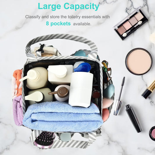 Mesh Shower Caddy Tote, Large College Dorm Bathroom Caddy Organizer with Key Hook and 2 Oxford Handles, Quick Hold, 8 Basket Pockets for Camp Gym - PuriLite