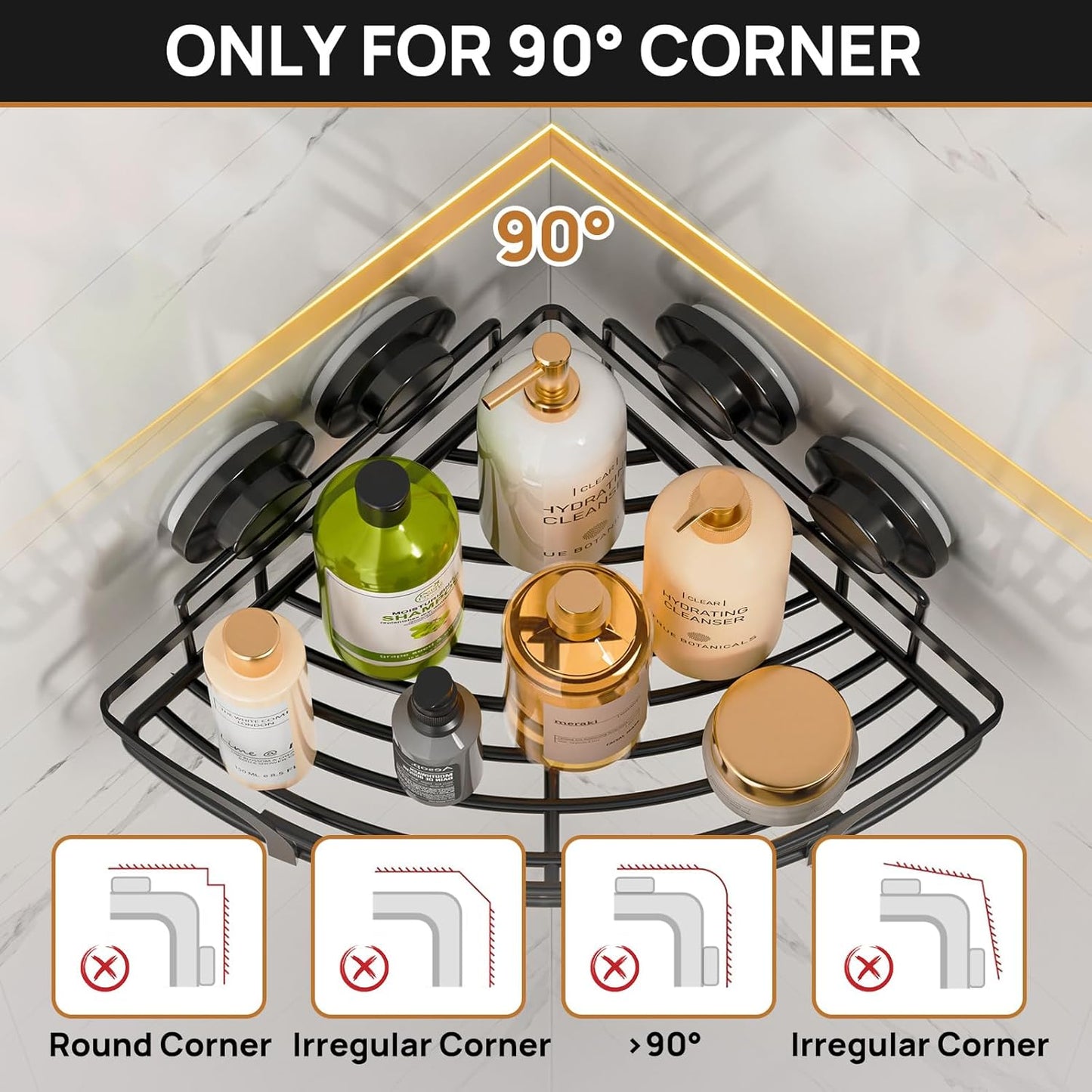 LEVERLOC Shower Caddy Suction Cup, 2 Pack Black Shower Shelf with Hooks and Soap Holder, NO-Drilling Bathroom Organizer, Rustproof Metal Bathroom Storage and Organization