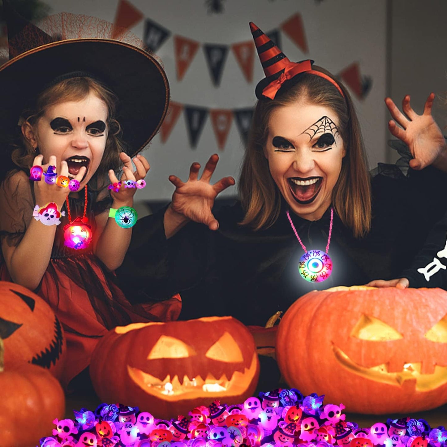 CCINEE Halloween Party Favors for Kids,48pcs Halloween Light Up Flash Rings Bracelet Necklace Glow in the Dark Toys for Kids Halloween Bag Filler Trick or Treat