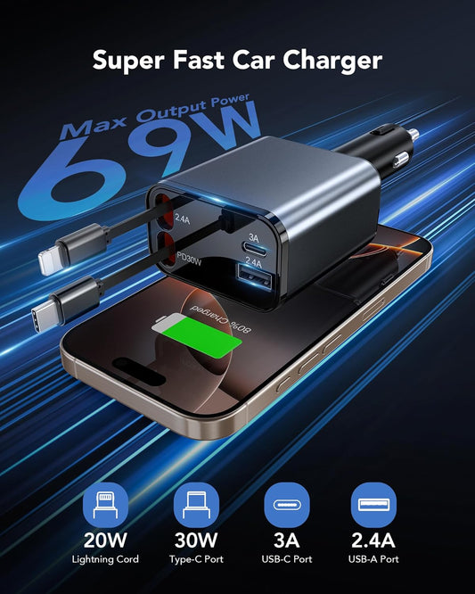 69W Retractable Car Charger, 4-in-1 Fast Car Phone Charger with 2.6ft Two Retractable Cables and USB C+USB A Car Charger Block Cube, Compatible with iPhone 16 15 14 13 12 Pro Max Plus,Galaxy,Pixel - PuriLite