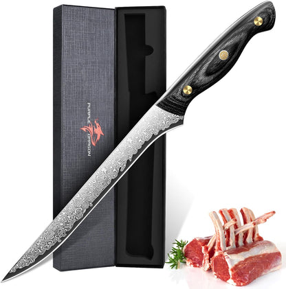 Purple Dragon Damascus Fish Fillet Knife - 7 inch Flexible Boning Knife with VG10 Core, Kitchen Slicing Knife with Full Tang Handle, Birthday Dad Mom Gift