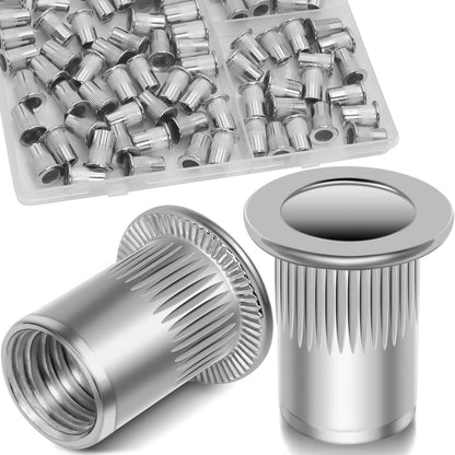 Vifmy Metric & SAE Rivet Nut Assortment Kit(420 Pcs),m3 m4 m5 m6 m8 m10 m12#6-32#8-32#10-24 1/4"-20 5/16"-18 3/8"-16 UNC Flat Head Rivnut Set,Zinc Plated Finish Carbon Steel Nutsert