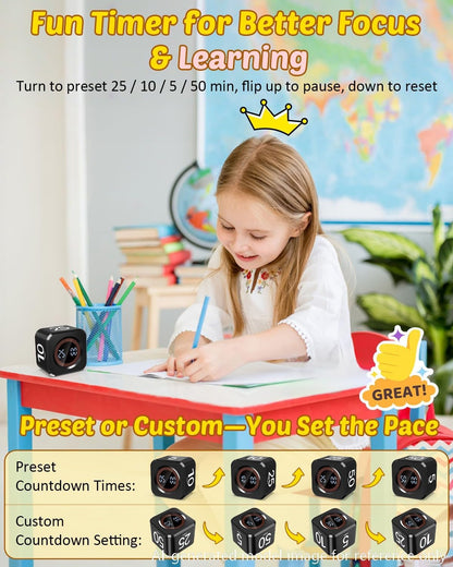 Digital Pomodoro Timer Cube 5/10/25/50min Preset, Silent & Sound Alarm | Visual Productivity Flip Timer for Kids Classroom Desk, Custom Countdown, Gravity Sensor, for ADHD Study Work Game Kitchen