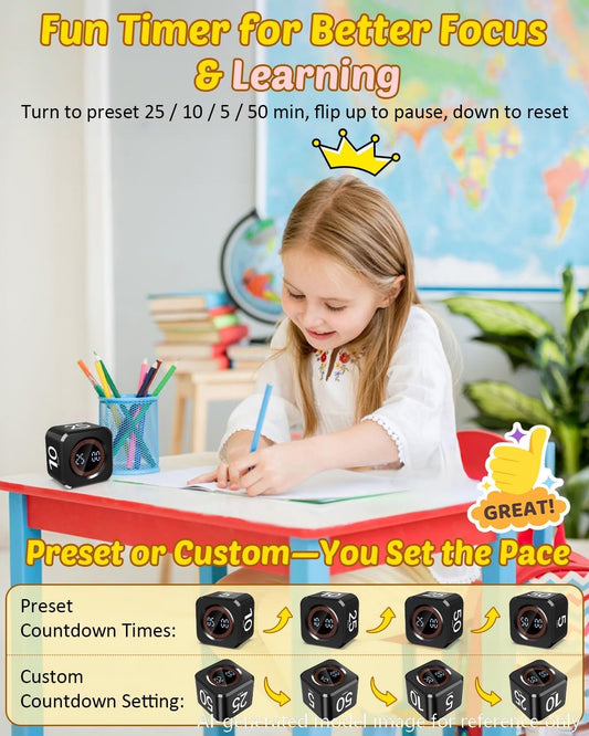 Digital Pomodoro Timer Cube 5/10/25/50min Preset, Silent & Sound Alarm | Visual Productivity Flip Timer for Kids Classroom Desk, Custom Countdown, Gravity Sensor, for ADHD Study Work Game Kitchen