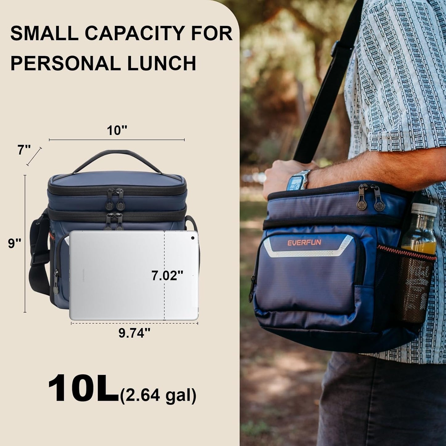 EVERFUN Cooler Bag Insulated Beach Cooler Lunch Bag Box for Men Women Dual Compartments Collapsible Waterproof Leak-Proof for Travel Work Picnic