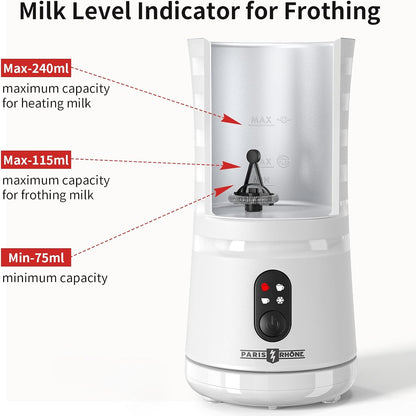 Paris Rhône Milk Frother, 4-in-1 Milk Steamer and Frother, Hot & Cold Foam Milk Warmer with Temperature Control