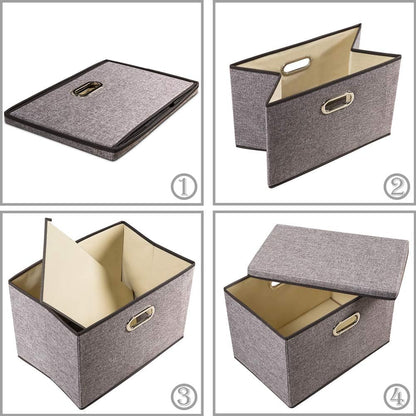 PRANDOM Large Foldable Storage Bin with Lid [1-Pack] Linen Fabric Decorative Storage Box Organizer Containers Basket Cube with Handles Divider for Bedroom Closet Office Living Room (17.7x11.8x11.8")
