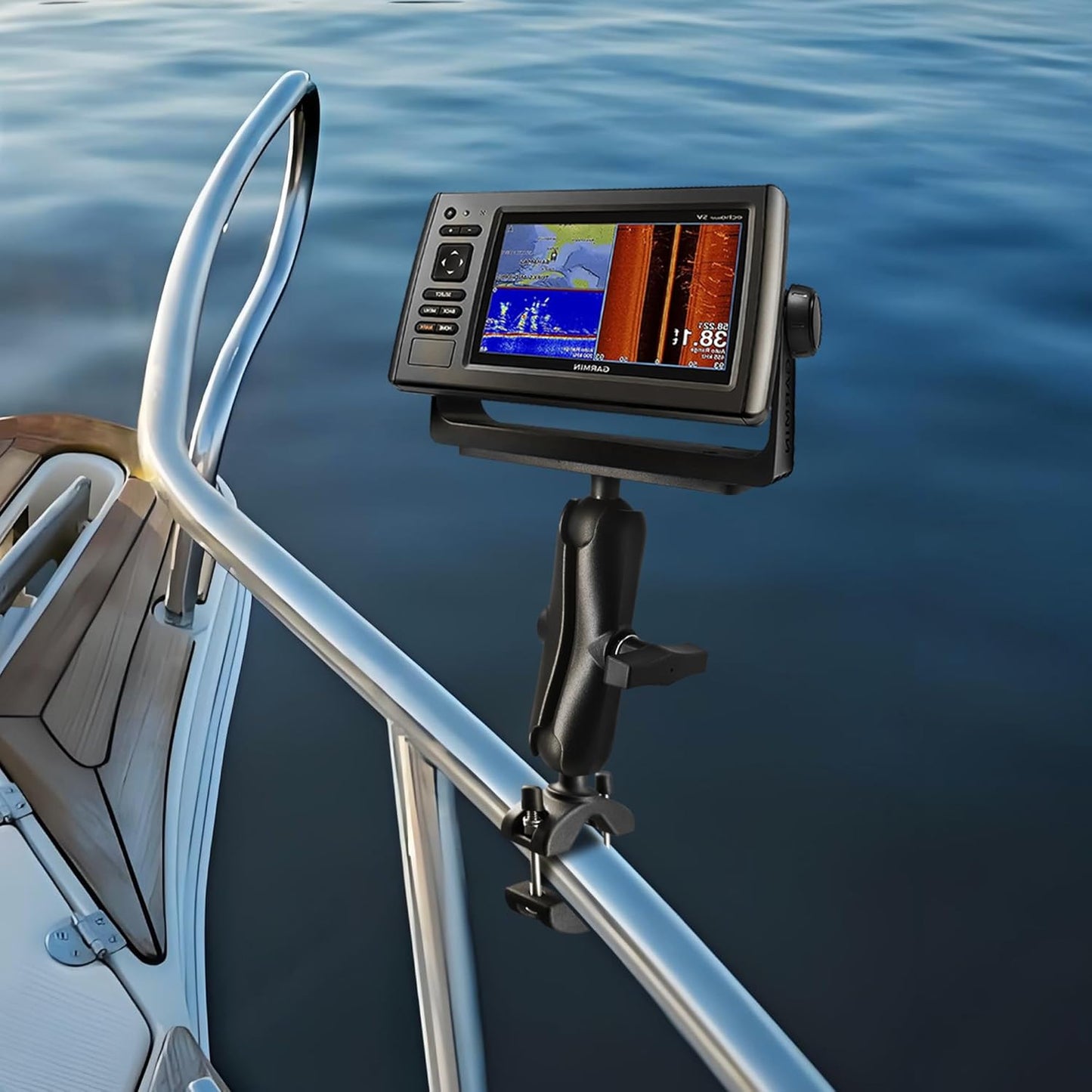 WINDFRD 1.5" Ball Aluminum Fish Finder Mount with Clamp Base for Rails 1.18'' to 2'' in Diameter, Medium Arm Marine Electronic/Depth Finder Mount for Boat, Compatible with Garmin, Lowrance and More