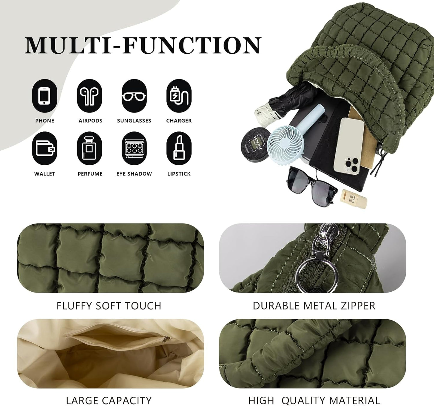 Quilted Puffer Tote Bag Large Crossbody Shoulder Bag with Zipper, Nylon Hobo Oversized Handbag