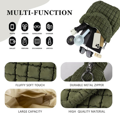 Quilted Puffer Tote Bag Large Crossbody Shoulder Bag with Zipper, Nylon Hobo Oversized Handbag