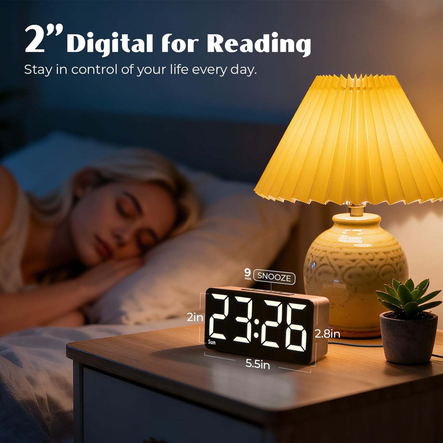 Wood Grain Digital Alarm Clock with Dual Alarms, Large Display, USB Charging Port, Auto Dimming, 9-Minute Snooze, 12/24H Format, Power-Off Memory for Bedroom - PuriLite