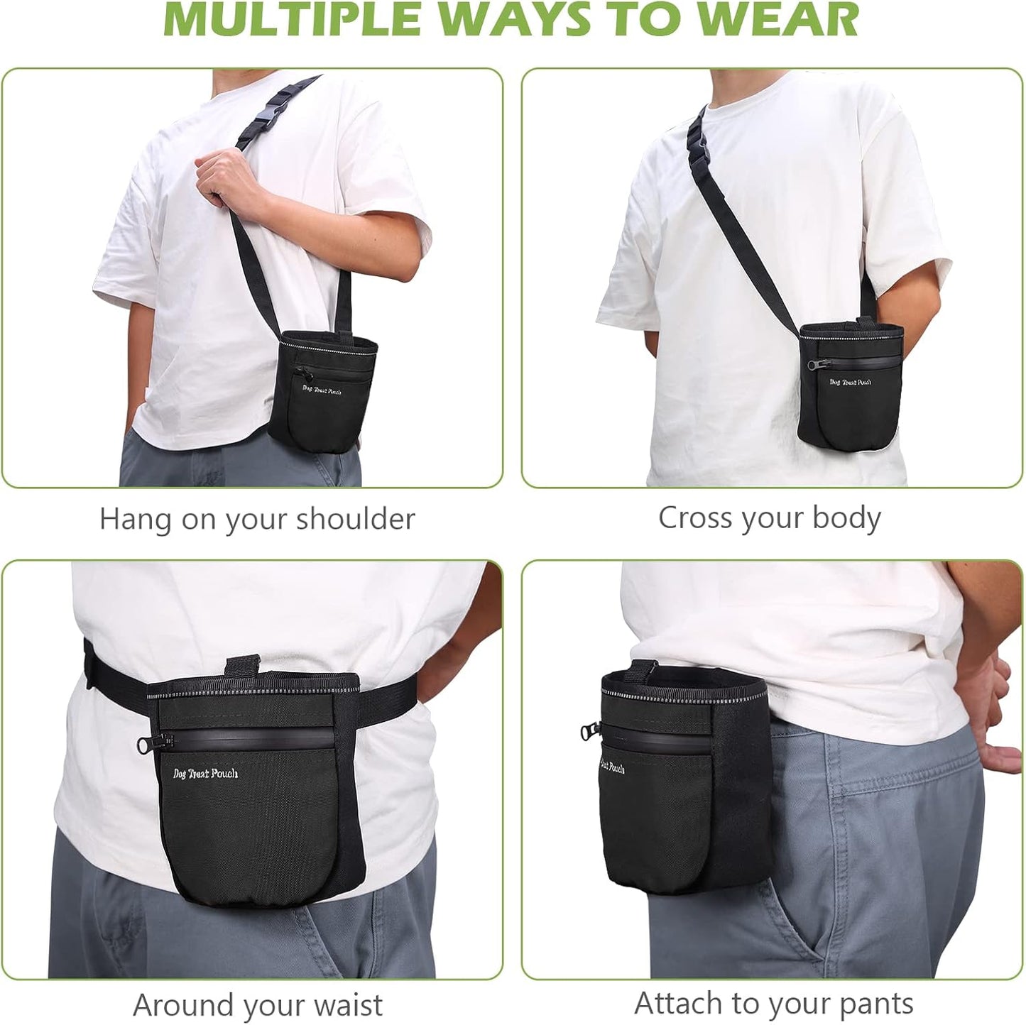 KeeKit Dog Treat Pouch, Magnetic Closure Pet Training Bag with Pull-up Inner Pocket, Dog Reward Pocket Including Waist Belt for Dog Walkers - Black