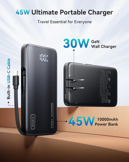 INIU 3-in-1 Portable Charger, Slim 10000mah Power Bank with Built-in USB C Cable and Foldable AC Plug, 45W PD Fast Charging Battery Pack, Travel Charger for iPhone 16 15 Samsung S23 S22 Google etc