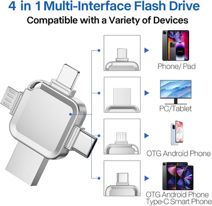LANSLSY 256GB 4 in 1 Flash Drive for iPhone USB Flash Drive Memory Stick,Silver Photo Stick for iPhone/i- pad/Android/PC