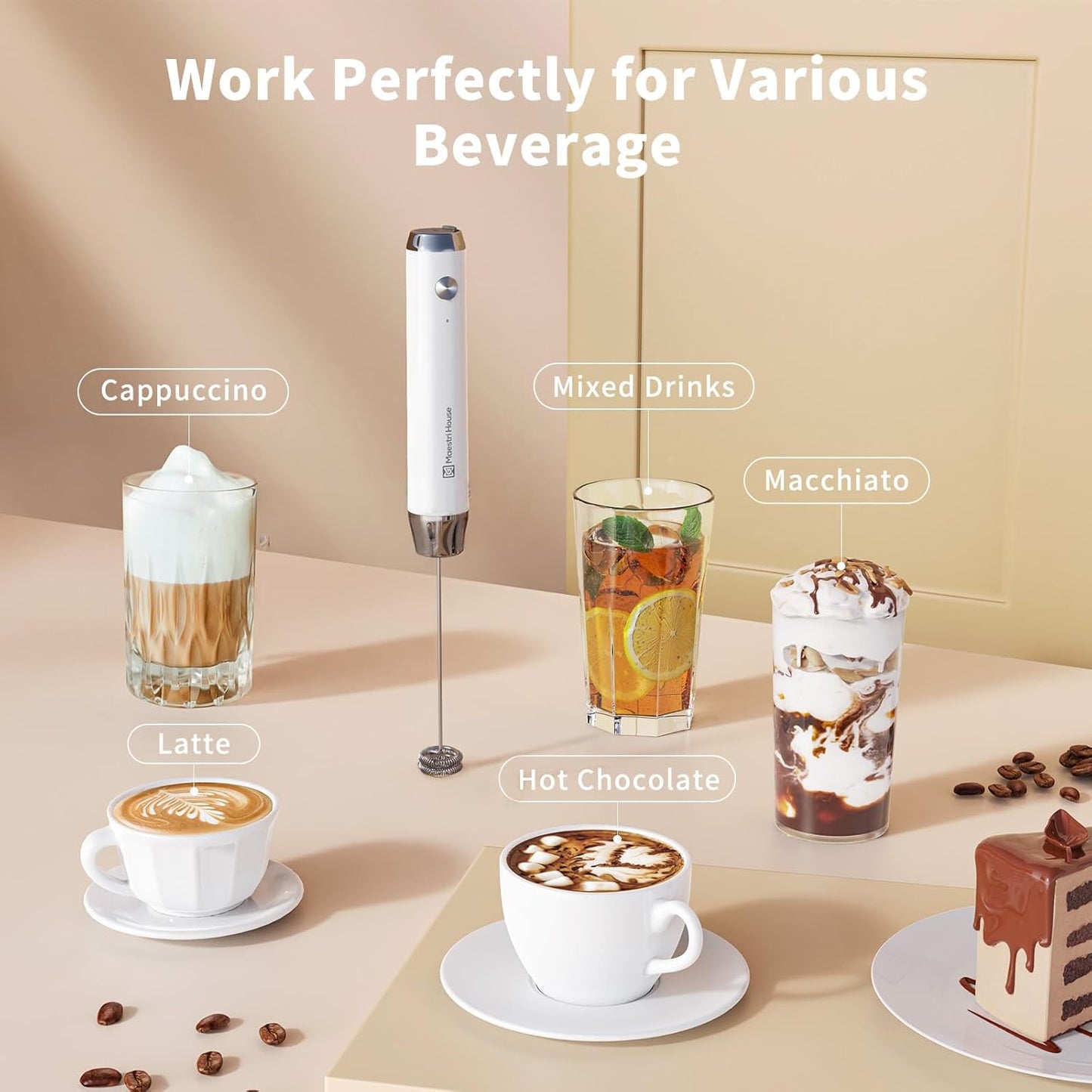 Maestri House Rechargeable Milk Frother, Handheld Electric Foam Maker Waterproof Detachable Stainless Steel Whisk Drink Mixer Foamer for Lattes, Cappuccino, No Stand (Black)，LunaFro NS