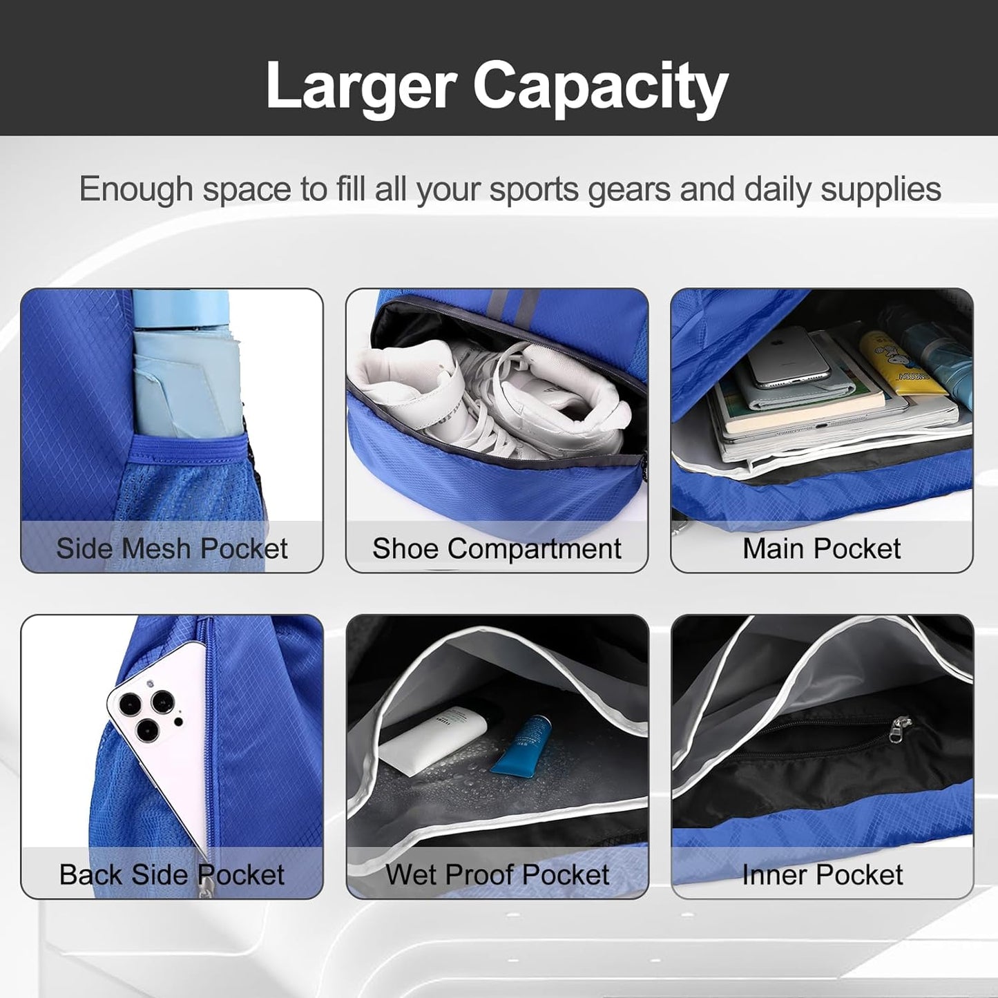 Hoedia Sports Drawstring Backpack - String Swim Gym Bag with Shoes Compartment and Wet Proof Pocket for Women/Men