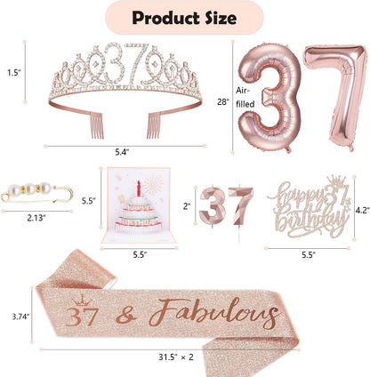 8pcs 40th Birthday Decorations gifts for Women, Including 40th Happy Birthday Cake Topper, Queen Sash with Pearl Pin, Sweet Rhinestone Tiara Crown for Women, Number Candles and Balloons (Rose Gold)