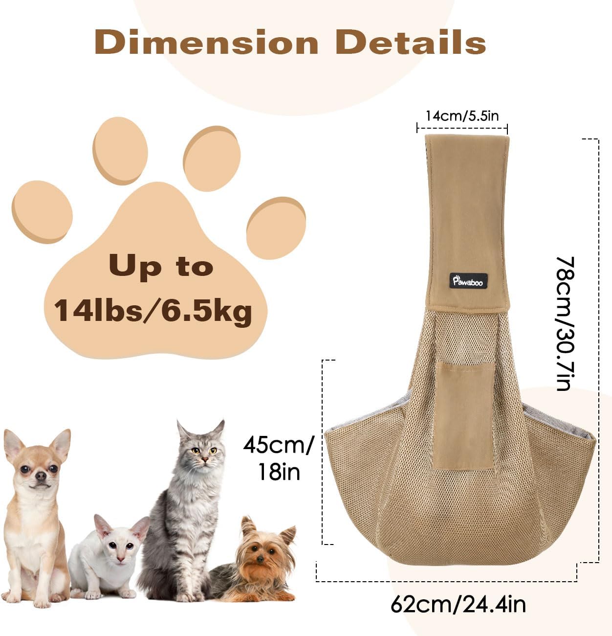 Pawaboo Small Dog Sling Carrier, Reversible Hands Free Dog Sling Carrier for Small Dogs and Cats, Puppy Sling Carrier with Adjustable Strap Buckle & Safety Harness, Puppy Essentials, Grey