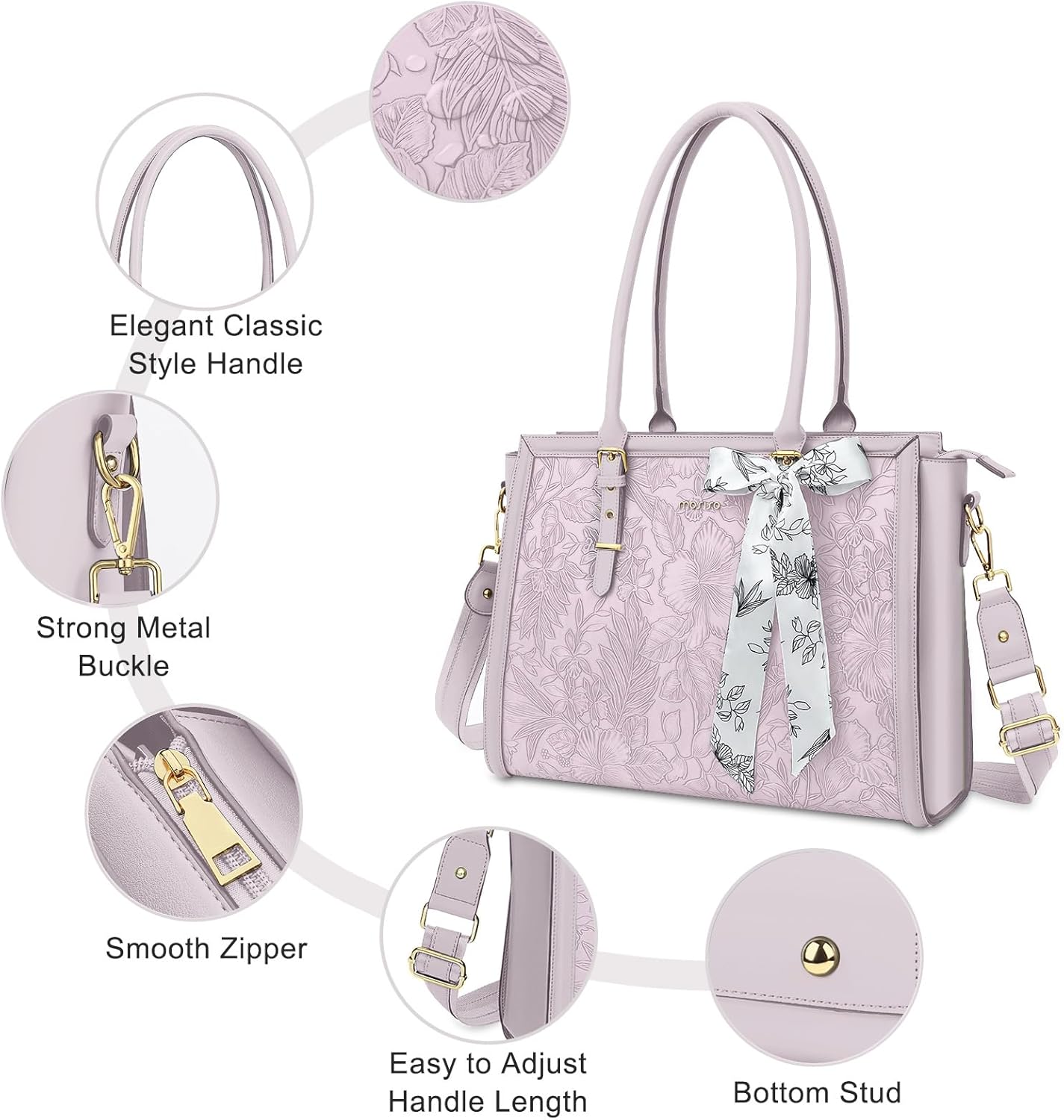 MOSISO Laptop Bag for Women, 17-17.3 inch PU Leathe Tote Bag Compatible with MacBook, HP, Dell, Asus Notebook, Front Embossed Retro Hibiscus Computer Bag with Silk Scarf&Clutch Purse, Gray - PuriLite