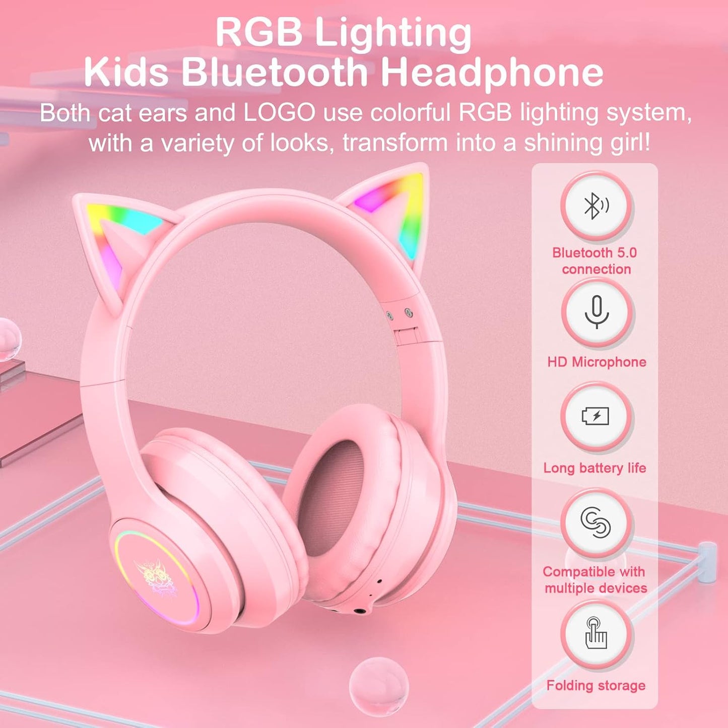 Bluetooth Cat Ear Headphones for Kids & Adults, Wireless Wired Dual Channel, SIMGAL Foldable Over-ear Headsets with RGB Lights, Control Volume & Built-in Mic, For Cell Phones/PC/Tablet/Laptop (A Pink)