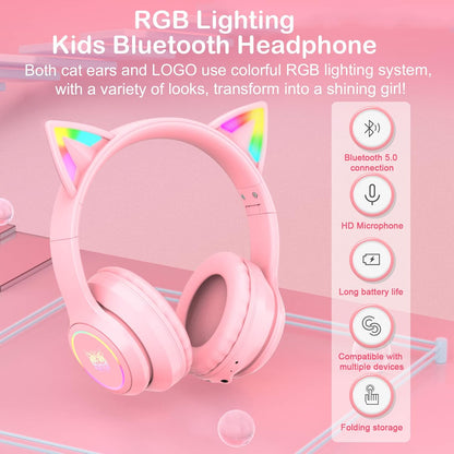Bluetooth Cat Ear Headphones for Kids & Adults, Wireless Wired Dual Channel, SIMGAL Foldable Over-ear Headsets with RGB Lights, Control Volume & Built-in Mic, For Cell Phones/PC/Tablet/Laptop (A Pink)