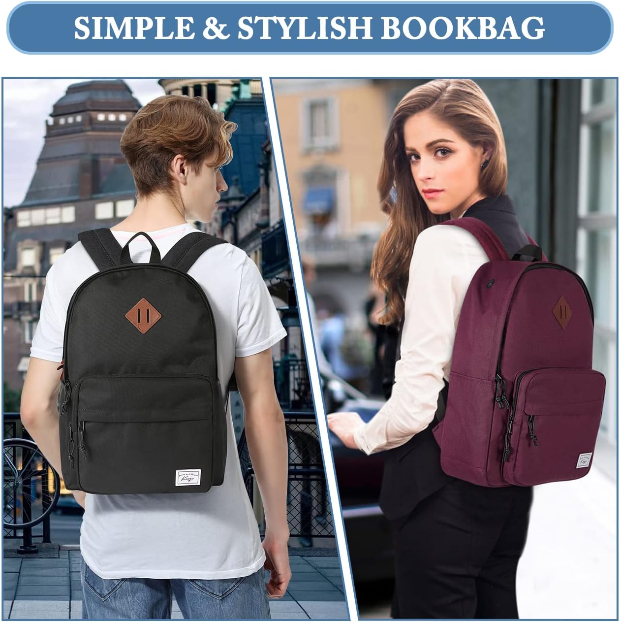 School Backpack, Kasqo 15.6 Inch Classic Lightweight Water-Resistant Backpack for Men Women Teens Girls Boys Kids to School, College, Travel, Work, Black