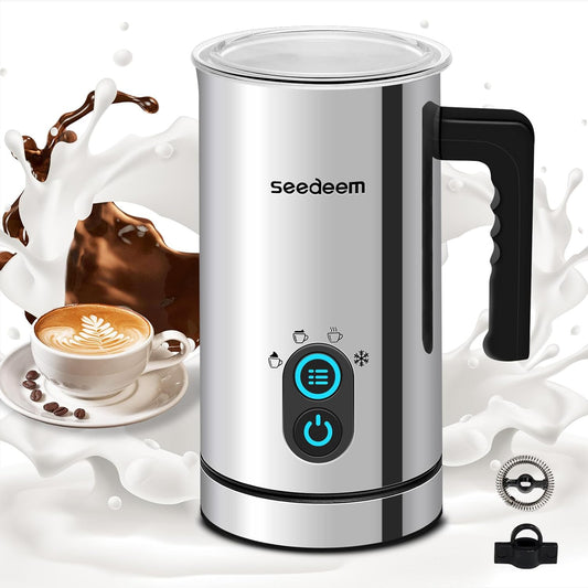 Milk Frother, Seedeem 4-in-1 Electric Milk Steamer, 10.2oz/300ml Automatic Warm and Cold Milk Foamer, Stainless Steel Milk Steamer for Latte, Cappuccinos, Hot Chocolate Milk ……