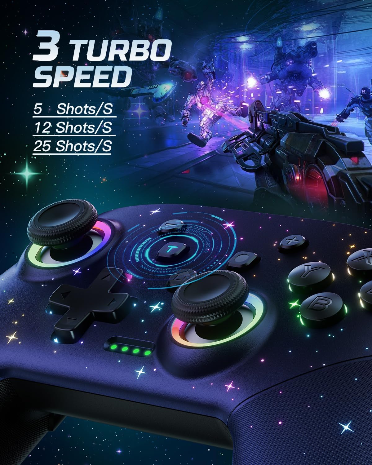 Voyee Switch Controller, LED Star Wireless Pro Controllers Compatible with Switch 2/Lite/OLED, Multi-Platform Windows PC with 9 Colors RGB Lights/Programmabele/Vibration/Turbo/Wakeup - PuriLite