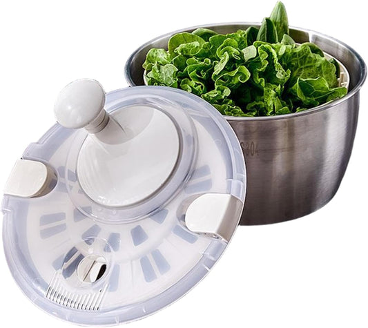 Salad Spinner 5L Dual Layer Stainless Steel & PP Lettuce Spinner with Lid & Rotating Handle Multi-Purpose Quick Dry Fruit and Vegetable Wash for Kitchen, Salad, Lettuce