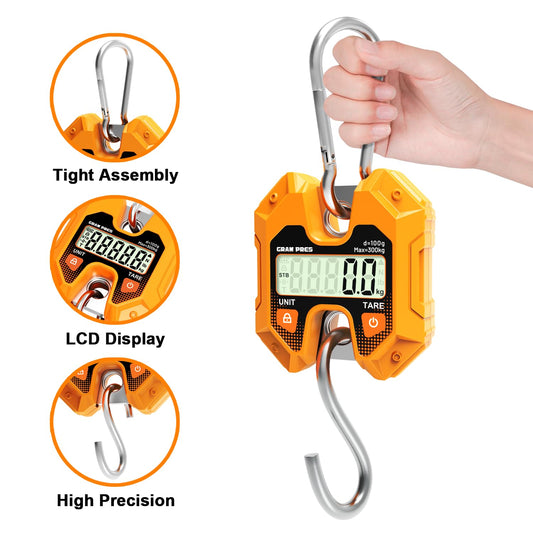 GRAM PRES Digital Hanging Scale 660LB/300KG,Handheld Mini Crane Scale,Deer Hunting Scales,Digital Scale with Hooks for Farm，Fishing, Fish, Meat，Game,Luggage，Outdoor. - PuriLite