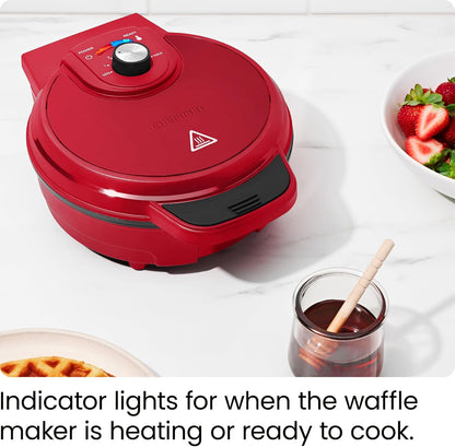 Chefman Anti-Overflow Belgian Waffle Maker w/ Shade Selector, Temperature Control, Mess Free Moat, Round Iron w/ Nonstick Plates & Cool Touch Handle, Measuring Cup Included, Red