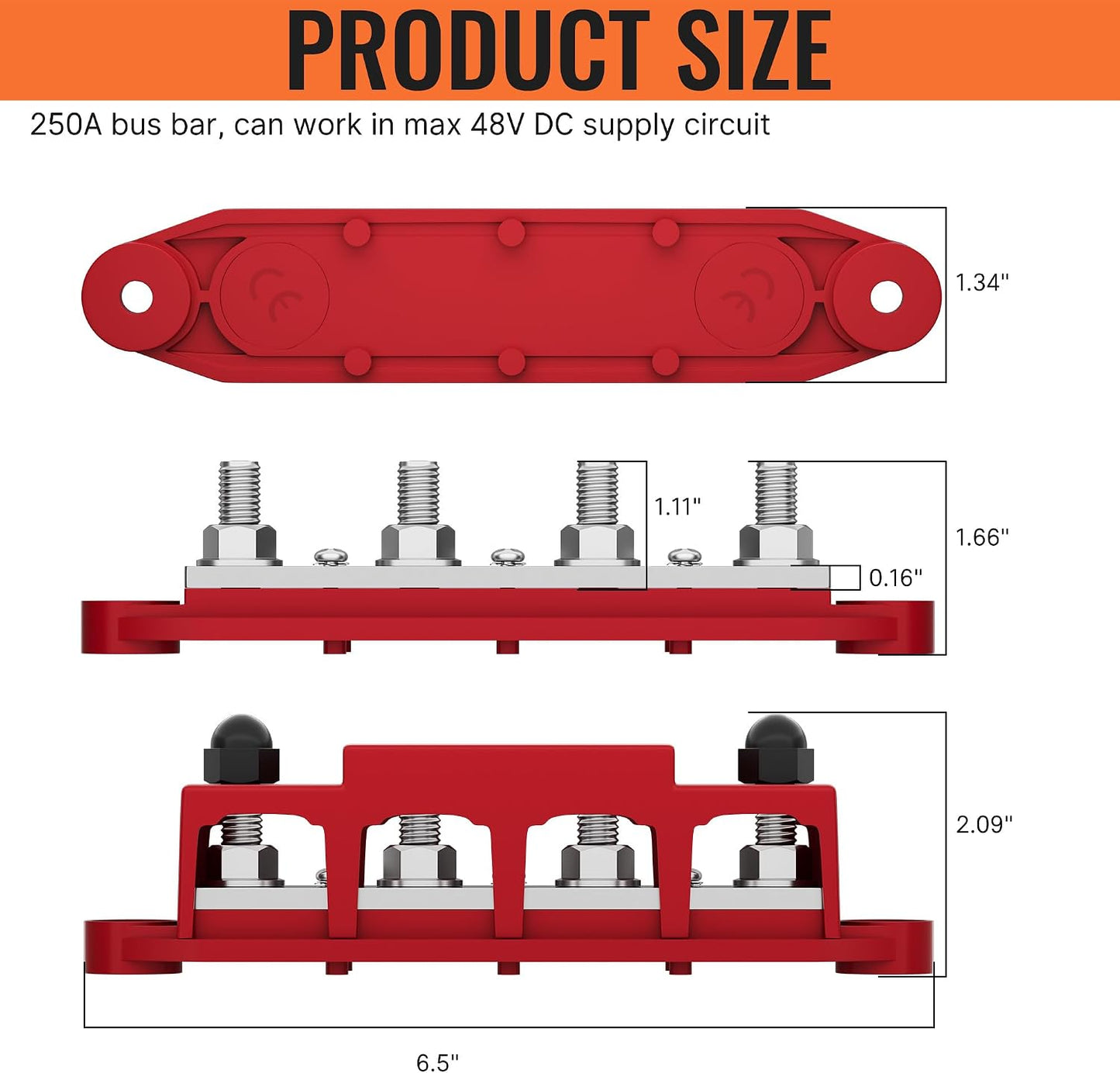 Joinfworld Bus Bar 12V 250A Power Distribution Block with 4 x 3/8" Studs 12 Volt Marine Battery Busbar Terminal Block with Cover - Negative&Positive