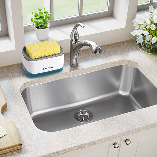 Kitchen Dish Soap Dispenser with Sponge Holder – 2-in-1 Countertop Soap Pump for Kitchen Sink, Easy One-Hand Dispensing, Large Capacity 12.5 oz, BPA-Free, Modern Dishwashing Accessory