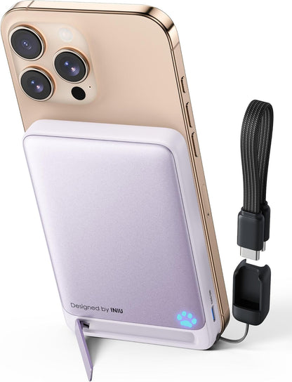 INIU Magnetic Power Bank, Qi2 Certified, Slimmest 45W 10000mAh Magnetic Portable Charger, Powerbank with USB C Cable & Kickstand, Fast Charging Battery Pack, for iPhone 16 15 14 13 12 Series Only