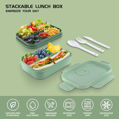 Bento Box Adult Lunch Box - 2000 ML Stackable with 8 Compartments, Leak-Proof, Built-in Sauce Container, Utensils, Microwave/Dishwasher/Freezer Safe - Blue