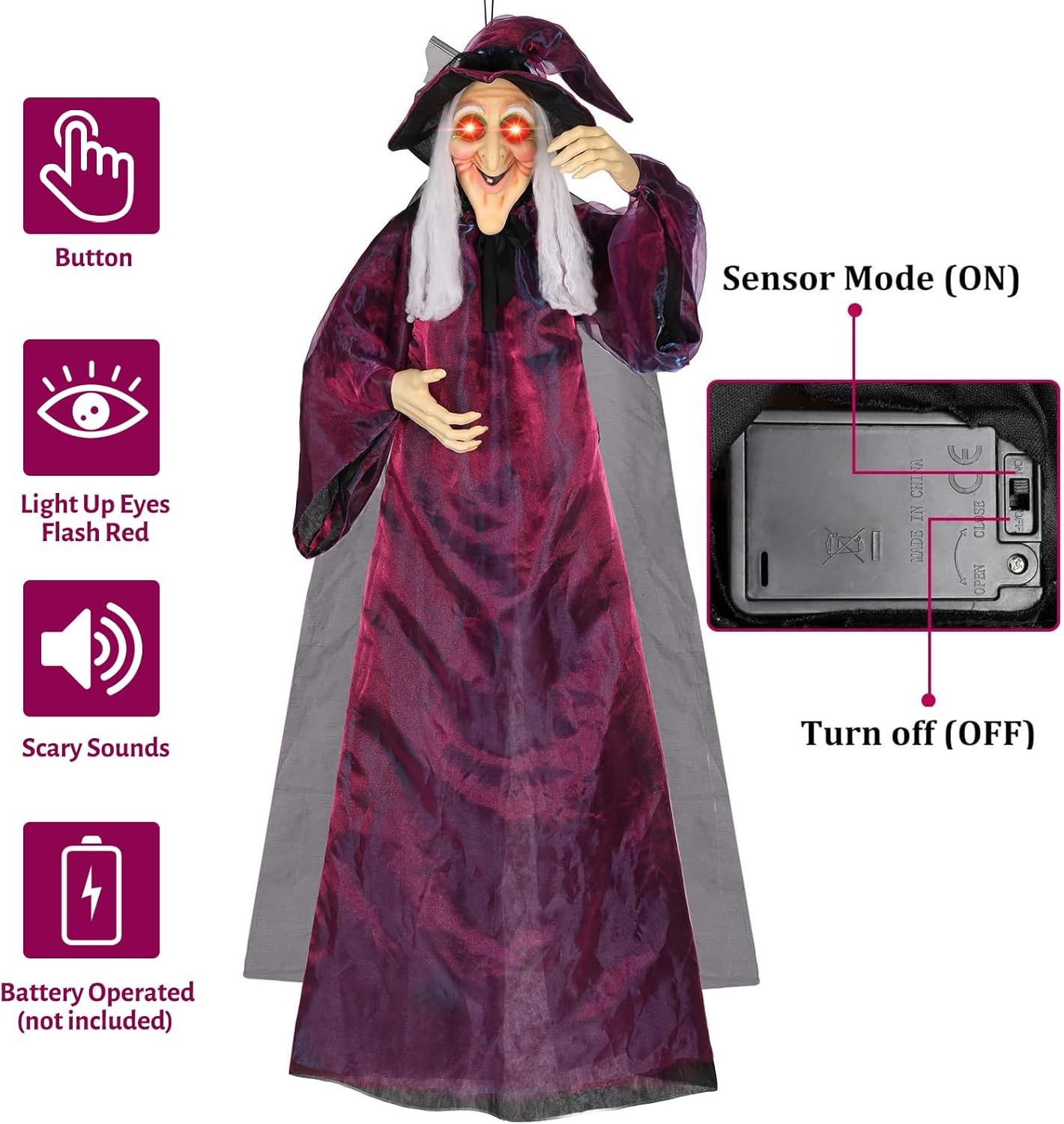 AYOGU 71" Life Size Hanging Talking Witch Halloween Decor, Evil Witch, Sound Activation and Red Eye for Outdoor & Indoor, Halloween Decoration Realistic Creepy Party Decor - PuriLite