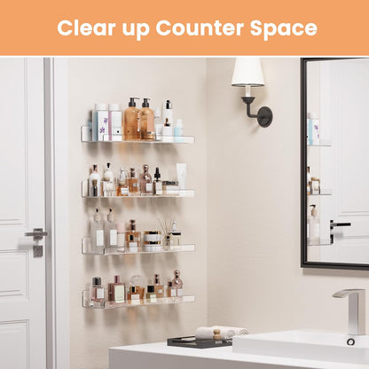 upsimples Clear Acrylic Shelves for Storage, 15" Floating Shelves Wall Mounted for Kids Bookshelf/Display Ledge for Bedroom, Living Room, Bathroom, Kitchen, Set of 4