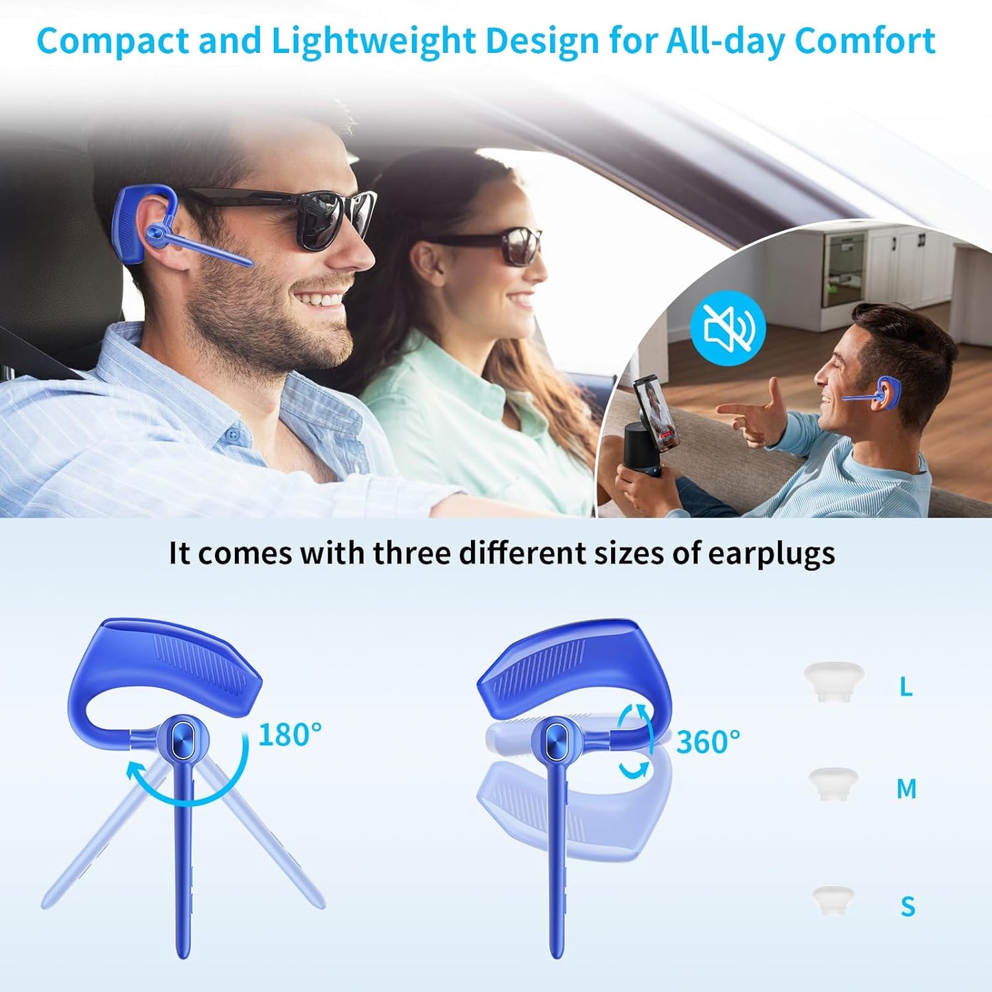 Wireless Headset Bluetooth Earpiece with Dual Noise Canceling Microphone Hands Free Headphones Single Ear Earphone Over Ear Earbud for iPhone Samsung Android Cellphones TV PC Trucker Game Work
