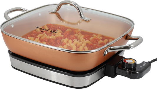 MegaChef - Electric frying pan with copper non-stick coating, tempered glass lid and adjustable temperature control, versatile small kitchen appliance (11.81 inch pan)