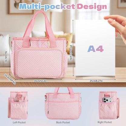 Dadanism Crochet Bag Organizer, Yarn Bag and Tote with Handle & Shoulder Strap, Yarn Storage with Multiple Pockets for Crochet Supplies, Portable Knitting Bag for Gifts/Crochet Lovers, Pink
