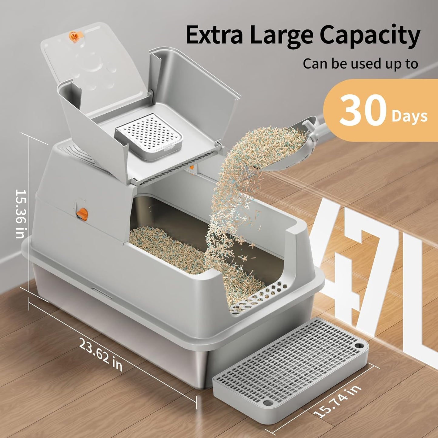 Eosarcu Stainless Steel Cat Litter Box with Lid, XL Large Enclosed Upgraded Litter Box with Removable Lid, Carbon Filters -Odor Free, Easy Cleaning, Anti-Urine Leakage for Big Cats/Multiples-Grey