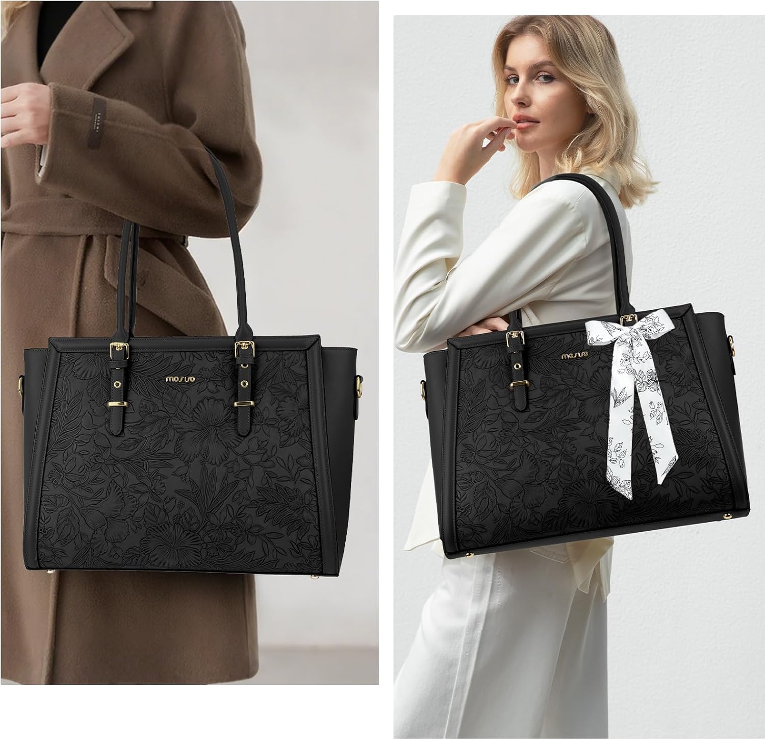 MOSISO Laptop Bag for Women, 17-17.3 inch PU Leathe Tote Bag Compatible with MacBook, HP, Dell, Asus Notebook, Front Embossed Retro Hibiscus Computer Bag with Silk Scarf&Clutch Purse, Gray - PuriLite